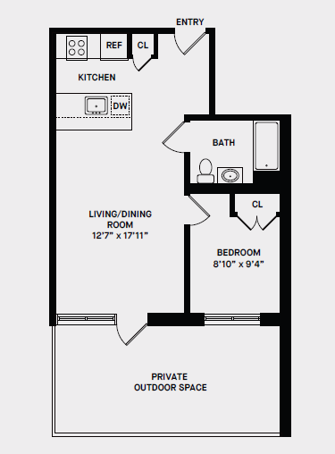 Floor plan for 1 bed, 1 bath, 534 sqft